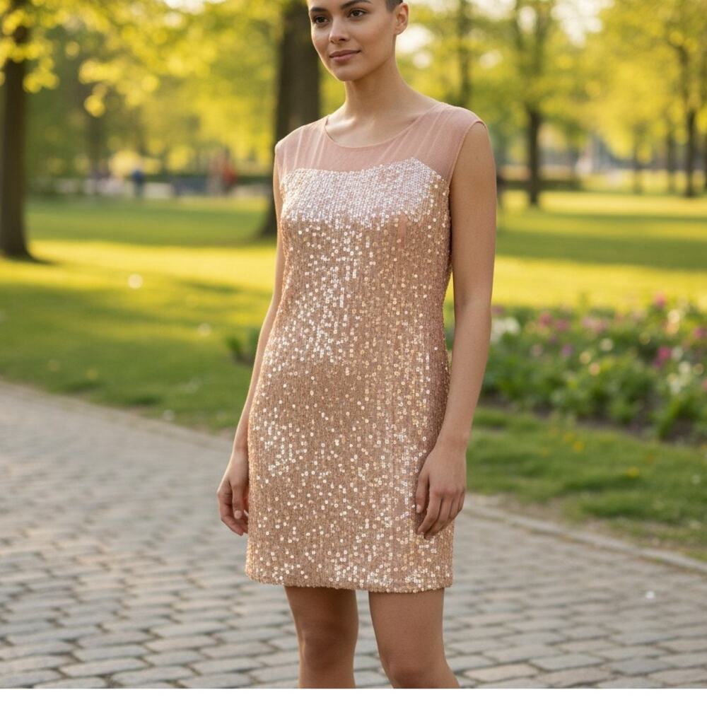 Animale Camel Sequined Mini Dress Sz 36 Brazilian Luxury‎ Vintage Lined Silk